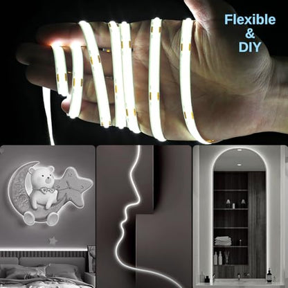 32.8ft COB LED Strip Light 6500K Bright Daylight White Dimmable DC 24V | Flexible LED Rope Lights with Remote LED Lights Strip for Bedroom, Living Room, Shelf, Cabinet - style: 32.8FT-6500K Daylight White