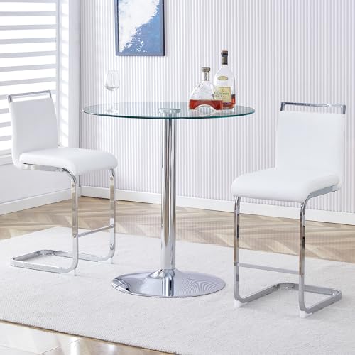 Bar Table and Chairs Set of 2,Round Counter Height Dining Table Set,35” Glass Round Bar Table Set with White Bar Stools,Sturdy Silver Chrome Base,Small Pub Table Set for Apartment,Kitchen(36"H - color: Silver&white