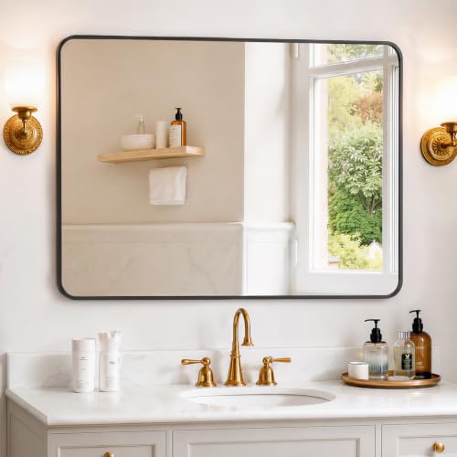 Bathroom Mirror for Wall, 40x30 Inch HD Tempered Glass Vanity Mirror | Rounded Corner Rectangular Wall Mount Mirror with Black Metal Frame for Bedroom Entryway, Horizontal or Vertical Hanging - color: Black, size: 40"L x 30"W