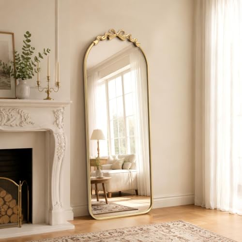Besdomus Arched Mirror Full Length: 21"x56" Vintage Bow Gold Floor Mirrors | French Antique Baroque Arch Metal Framed - Traditional Ornate Standing for Foyer/Dressing Room/Cloakroom/Bedroom/Living Room - color: Gleaming Gold, size: 56"L x 21"W