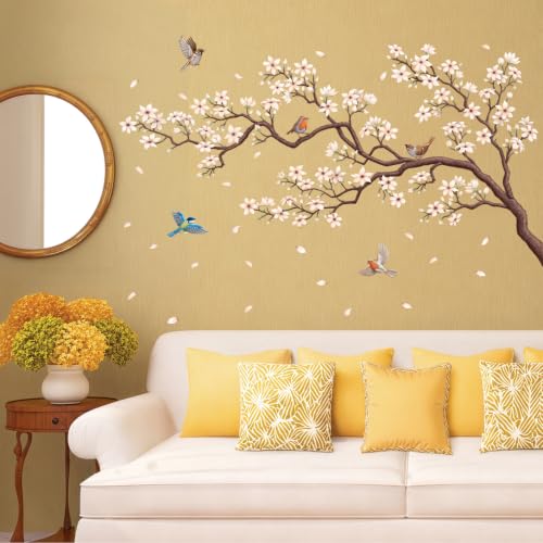 DECOWALL SG2-2509 White Cherry Blossom Wall Decals Elegant Flower Bird Peel and Stick Removable Stickers for Living Room Bedroom Home Décor - color: White Cherry Blossom(right)