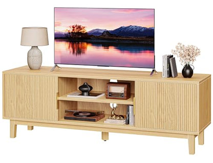 54 Inch Fluted TV Stand for TVs Up to 55, 60 Inch, Mid Century Modern Entertainment Center with Storage, TV Console with Adjustable Shelves, Midea Console for Living Room Bedroom, Beige - color: Nature