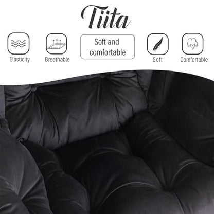 Lazy Chair with Ottoman, Comfy Reading Accent Chair, Velvet Black | Foldable Footrest, Padded Seat and Backrest, Side Pocket for Lounging in Living Rooms, Bedrooms, Dorms and Small Spaces - color: Black