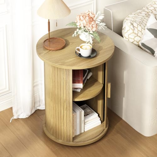Wnutrees Round Fluted End Table, Small Accent Pedestal Side Table, Natural | Wood Nightstand with Sliding Door & 2 Tier Shelf, Bedside Unit for Living Room, Bedroom - color: Natural