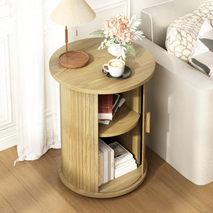 Wnutrees Round Fluted End Table, Small Accent Pedestal Side Table, Natural | Wood Nightstand with Sliding Door & 2 Tier Shelf, Bedside Unit for Living Room, Bedroom - color: Natural