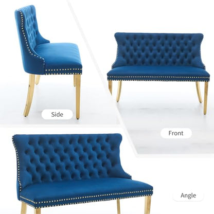 Blue Velvet Dining Bench with Back, Tufted Banquette Seating, Gold Legs | Upholstered loveseat bench; tufted back; nailhead trim; 500 lb capacity; foam and spring seat; dining room or entryway - color: Blue(gold Stainless Steel Legs)