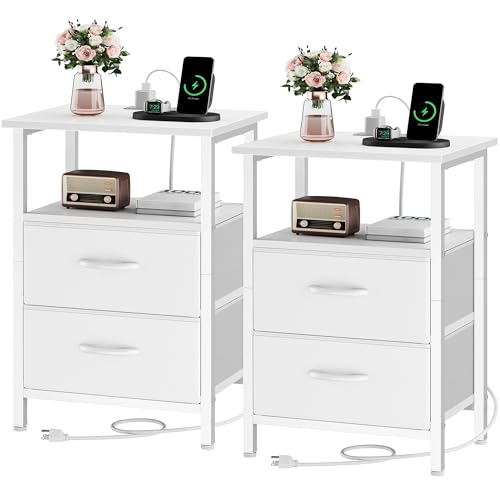 Nightstand Set 2 with Charging Station, End Table with Fabric Drawers, Bedside Table with Open Wood Shelf, 24.2" Tall Side Table with USB Ports & Outlets, Night Stand for Bedroom, White - color: White, size: 2 Pieces, style: Ordinary