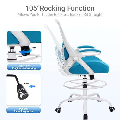 400lbs Heavy Duty Drafting Chair 5" Thickened Seat Office Chair with Flip-Up Armrests Tall Ergonomic Computer Chair with Lumbar Support and Adjustable Footrest Ring Standing Desk Chair (Blue) - color: Blue