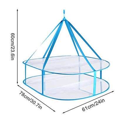 2 Tier Folding Drying Rack, Folding Mesh Clothes Hanging Dryer, Portable Windproof Hanging Laundry Racks with Fixing Band for T-Shirt, Swimsuit, Underwear Outdoor Indoor