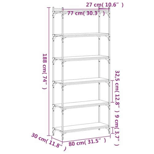 Industrial 6-Tier Bookcase Black Engineered Wood with Metal Frame Medium Size Standing Shelves for Living Room Modern Durable Multi-Functional Storage Organizer - color: Black/74", size: 31.5"
