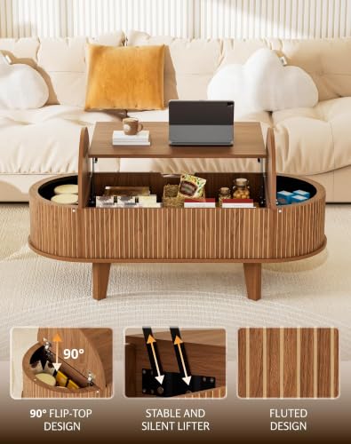 Fluted Oval Lift Top Coffee Table with Storage, 47" Wood Mid Century Modern Coffee Table for Living Room, Walnut - color: Walnut-oval (Flip Top)