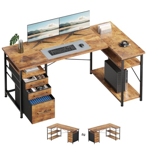 L Shaped Desk with Drawers, Office Desk with Storage Shelves, Brown | 55in Desktop, Sturdy Metal Frame, Adjustable Pads, Corner Desk, Computer & Writing Desk, Compact Gaming Workstation - color: Rustic Brown, size: 55Inches