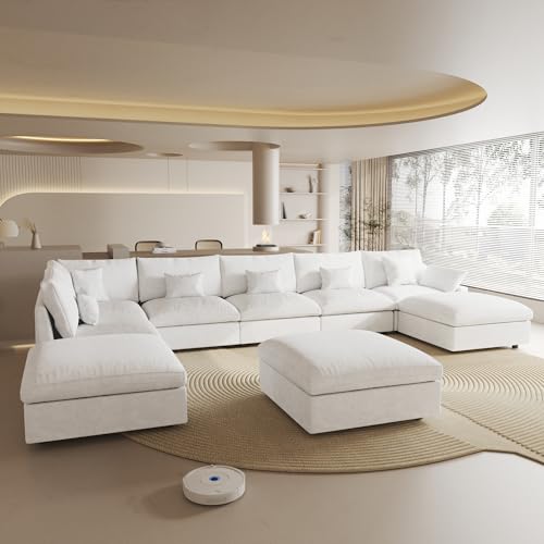 Cloud Couch for LivingRoom,190" U Shaped Modular Sectional Couch with Storage Ottoman,Down Filled 9 Seater Convertible Sleeper Sofa Bed Oversized Furniture,White - color: White, size: 9 Seater
