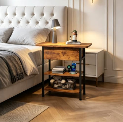 WLIVE 3-Tier End Table with Charging Station Flip Top Narrow Nightstand | 2 USB Ports+2 AC Outlets; Flip Top Hidden Storage; 2 Open Shelves; Small Space Living Room Bedroom; Sturdy Carbon Steel Frame - color: Rustic Brown