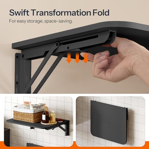 HOOBRO Folding Table, Wall Mounted Floating Desk with Iron Bracket, Drop Leaf Table for Small Spaces, Kitchen, Laundry Room, Home, Office, Black BK054BZ01 - color: Black