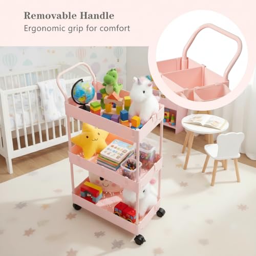 Slim Storage Cart, 3 Tier Narrow Rolling Cart on Wheels Bathroom Organizer with Dividers Handle Hanging Cups Hooks for Laundry Room Kitchen Small Spaces, Pink - style: 3 Tier Pink