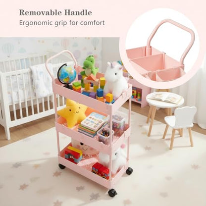 Slim Storage Cart, 3 Tier Narrow Rolling Cart on Wheels Bathroom Organizer with Dividers Handle Hanging Cups Hooks for Laundry Room Kitchen Small Spaces, Pink - style: 3 Tier Pink