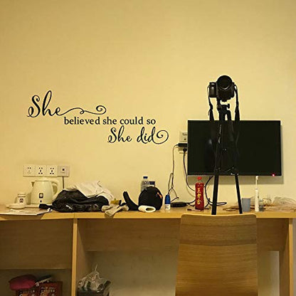 She Believed She Could so She Did - Pure Black Vinyl Wall Decal Carved Letters Girls Inspirational Quote Positive Kids Saying Sticker Home Art Decoration - color: Black