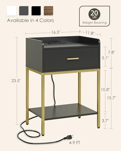 Masupu Nightstand with Charging Station,3-Tier Modern Bedside Night Stand with Storage Drawer and Shelf,Small End Side Table for Bedroom,Living Room,Gold and Black - color: Outlet-black