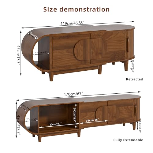 Small Extendable TV Stand for 40-75 Inches TVs, Entertainment Center | Media Console Table with Storage, 3 Cabinets, for Living Room & Bedroom, Modern, Mid Century, Walnut, 46.85" W-66.93" W