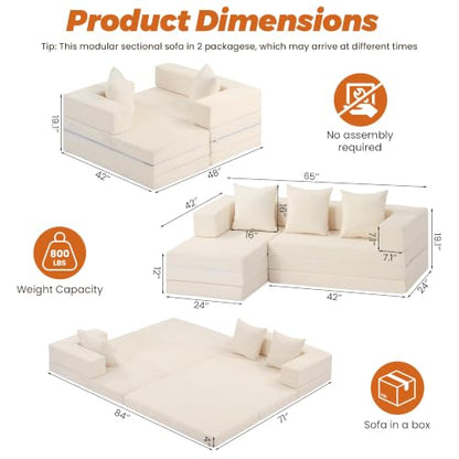 6-in-1 Boneless Couches Modular Sectional Sofa | Cloud Couch Sectional & Tri-Folding Mattress | Corduroy Pet-Friendly Convertible Sofa Bed with 800LB Capacity Living Room, Apartment, Guest Room - color: Beige