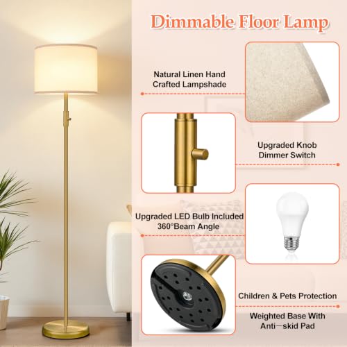 Floor Lamp Simple Design with Shade, Small Tall Lamps for Living Room Bedroom Office Dining Room Kitchen-Brass - color: Brass-Linen Shade