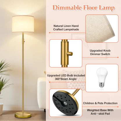 Floor Lamp Simple Design with Shade, Small Tall Lamps for Living Room Bedroom Office Dining Room Kitchen-Brass - color: Brass-Linen Shade