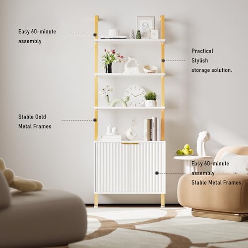 74" Tall Bookshelf with Storage Cabinet, Modern Ladder Shelf with Wood and Metal Frame, Wall Mount Bookcase Open Display Shelf Furniture for Living Room, Bedroom, Home Office, Gold - color: White & Gold