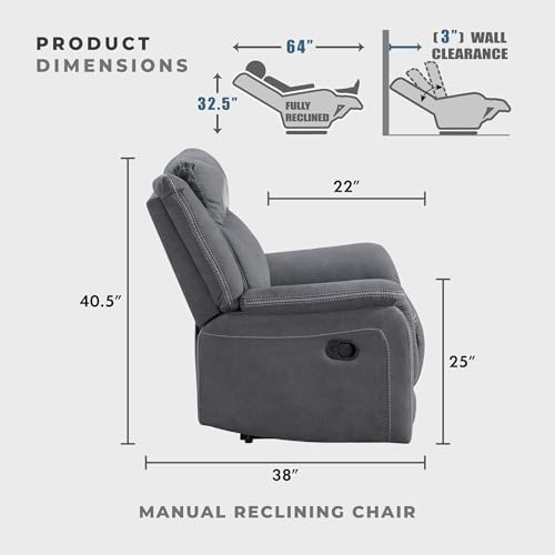 Lexicon Polished Microfiber Wall Hugger Manual Reclining Chair, Gray | 39.5"W Manual Recliner, Home Theater Seating for Living Room/Office/Apartment - color: Grey, size: Recliner