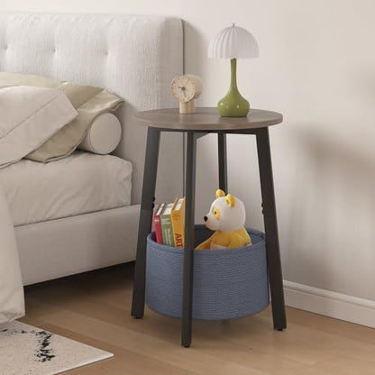 sthmec Small Round Side End Table with Cloth Storage Basket, Round Bedside Sofa Couch Coffee Tables for Small Places with Metal Frame, Modern Nighstands for Living Room Bedroom, Grey - color: Grey