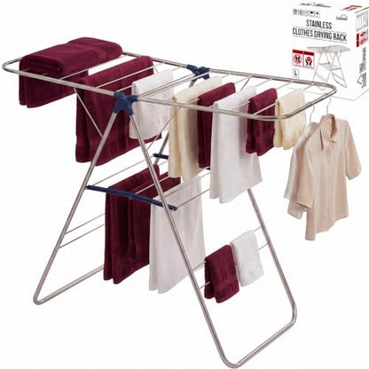 TRESBELLE Stainless Steel Clothes Drying Rack,Foldable Laundry Dryer,Size Ｌ | Space-Saving Clothes Airer, Indoor & Outdoor Use, Height-Adjustable Wings, Collapsible Garment Laundry Drying Stand - size: Large
