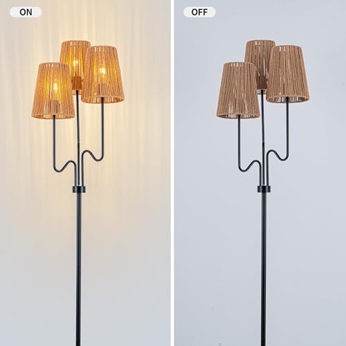 MAYNA 3-Light Black Boho Floor Lamp with Handwoven Rattan Shades | Adjustable Swiveling Arms, Foot Switch Standinmg Floor Lamp for Living Room & Bedroom, 3 LED Bulbs Included - color: Black 3 Lights