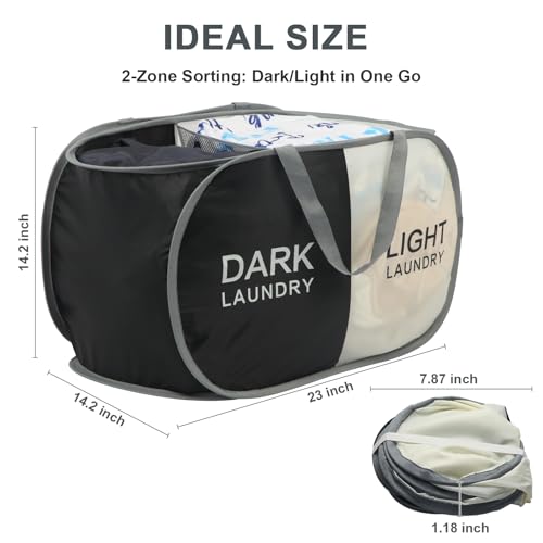 Seefoo Dual Compartment Laundry Hamper with Handles, Collapsible Laundry Baskets 2-Section, Dark/Light Labeled Storage Foldable Clothes Hamper for Laundry, Portable for Small Spaces, Apartment, Dorm