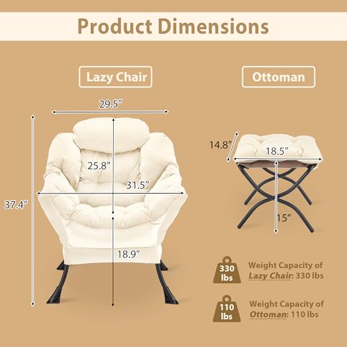 Youtanic Lazy Chair with Folding Ottoman, Accent Chair Velvet Upholstered with Metal Structure and Non-Slip Pads, Sofa Armchair with Footrest and Side Storage Bag for Dorm, Room, Office, Beige - color: Beige