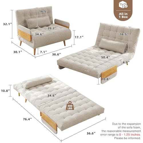 JASIWAY Convertible Sofa Chair Bed, 37" Mid-Century Sleeper for Adults | 3 in 1 Futon Chair that Turns Into Bed, Guest Bed for Small Spaces, Adjustable Backrest, Throw Pillow, Ergonomic, Linen - color: Mid-century Beige, size: 36.6" W Sleeper Chair