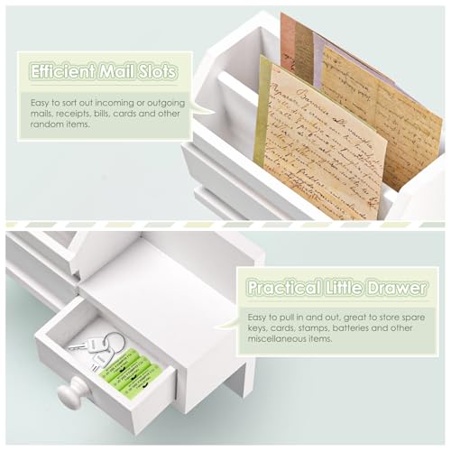 VIS'V Key Holder Wall Mount, Wooden Mail and Key Organizer, White | Contains Little Drawer, Small Shelf, 2 Slots, 6 Hooks, for Entryway, Hallway, Doorway, Kitchen, Garage, RV - color: White