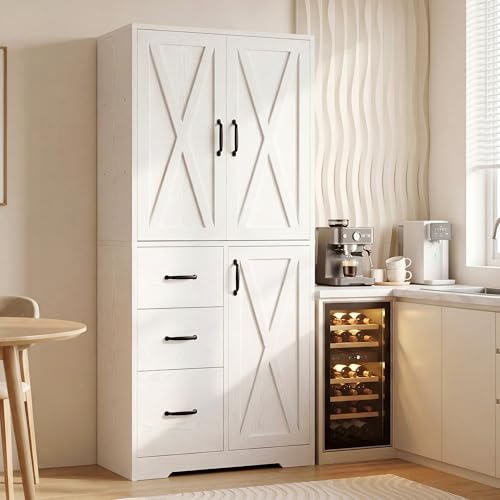 IRONCK Pantry Cabinet, Kitchen Storage Cabinet with 3 Door & Drawer, White | Adjustable Shelf. 67.5inch Tall. 5 Tier Freestanding. 150 lbs Per Shelf. Modern Style. FSC-certified Wood. Anti-tip. - color: White
