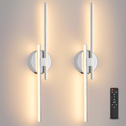 Rechargeable Battery Operated Wall Sconce Set Of Two, Chrome Wireless LED Wall Sconces With Remote Control, Dimmable 3 Colors Cordless wall lights for Living Room, bedroom, Hallway, 23.6 Inch ( 2pcs) - color: Chrome, size: 23.6" 2-Pack