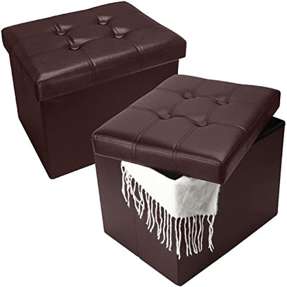 Bsketa 2PC Storage Ottoman, Folding Foot Stool with Thicker Foam Padded Seat Small Leather Storage Ottoman Bench Foot Rest for Living Room Foldable Coffee Table 17x13x13in,Brown | Ottoman with Storage, Thicker Foam Padded Seat, Living Room, Dorm, Bedroom,