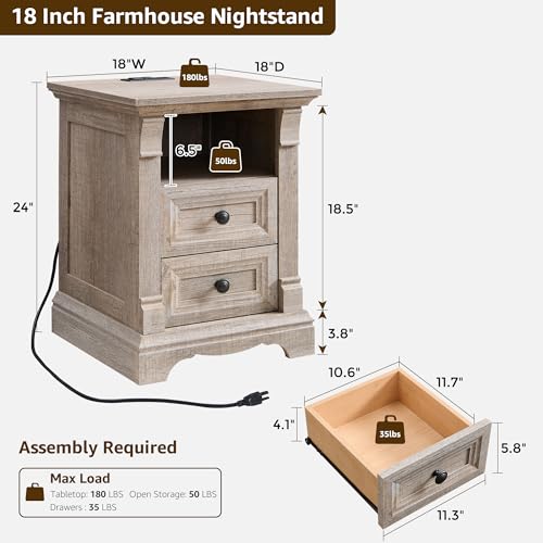 Nightstand Set of 2, 18" Wood Side Table with Charging Station Roman Column | End Table, Bedside Cabinet for Bedroom, Living Room, Light Rustic Oak - color: Light Rustic Oak, size: 18"D x 18"W x 24"H