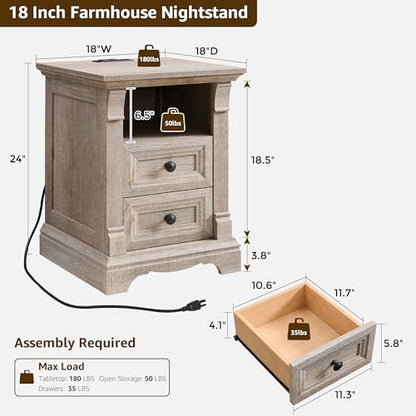 Nightstand Set of 2, 18" Wood Side Table with Charging Station Roman Column | End Table, Bedside Cabinet for Bedroom, Living Room, Light Rustic Oak - color: Light Rustic Oak, size: 18"D x 18"W x 24"H