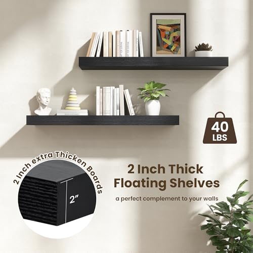 40 Inch Floating Shelves, 12'' Deep Black Shelves for Wall Set of 2 | Invisible Brackets, Engineered Wood, Mounting Hardware Included, 55LBS, Bathroom, Laundry Room, Kitchen, Living Room - color: Black, size: 40W x 11.6D x 2H, 2 Pack