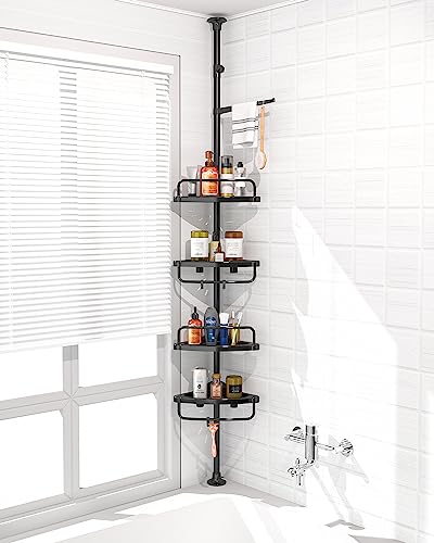 ADOVEL 4 Layer Corner Shower Caddy, Stainless Steel Constant Tension Pole Shower Organizer, Adjustable Corner Shower Shelf, Rustproof 3.3 to 9.8 ft - color: Black