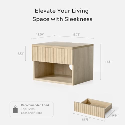 Small Floating Nightstand with Drawer, Modern Night Stand with Fluted Door and Open Storage Shelf Wall Mounted Bedside Table for Bedroom, Entryway Light Oak - color: Light Oak, size: 1 PC