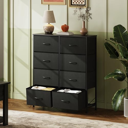 WLIVE Fabric Dresser for Bedroom, Tall Dresser with 8 Drawers, Storage Tower with Fabric Bins, Double Dressers, Chest of Drawers for Closet, Living Room, Hallway, Charcoal Black | Black tall 8-drawer fabric dresser with bins, sleek modern tower for bedroo