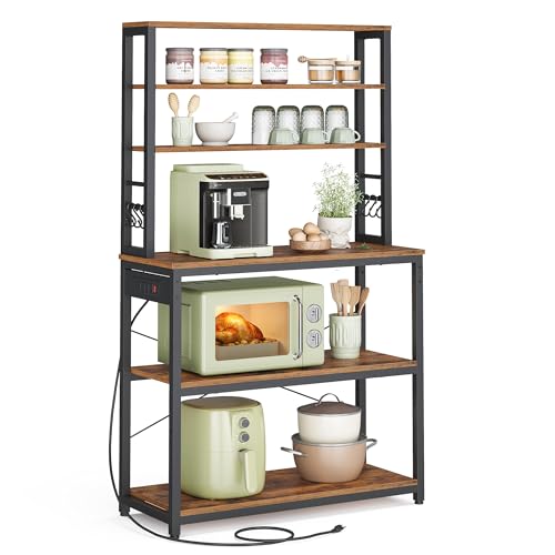 VASAGLE Bakers Rack with Power Outlet, 31.5 Inches Coffee Bar for Kitchen with Storage, 6-Tier Kitchen Shelves with 6 Hooks, Microwave Stand, Industrial, Rustic Brown and Ink Black UKKS119K01 - color: Rustic Brown + Ink Black, size: 31.5"W, style: With Po