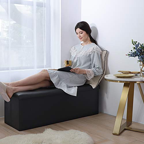 Camabel 43 Inch Folding Storage Ottoman Bench 125L Hold up 700lbs Ottoman with Storage Chest Foam Seat Padded Foot Rest Stool Faux Leather Bedroom Bench with Storage Coffee Table Black - color: Black