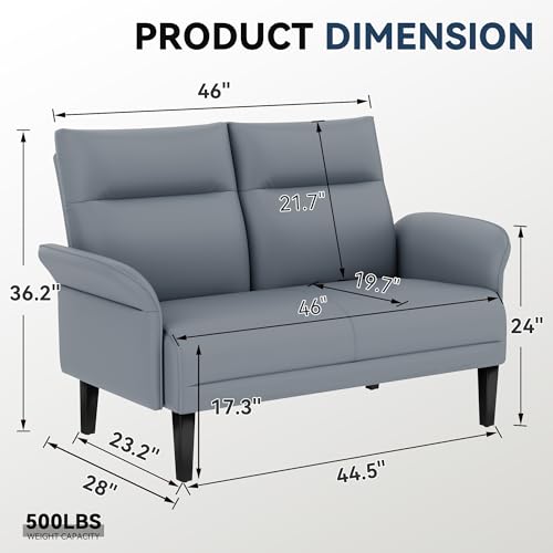 Yongchuang Small Couch 46" Grey Faux Leather Loveseat Sofa for Living Room Bedroom Love Seat Mini Couch with Arm Rest - color: Grey