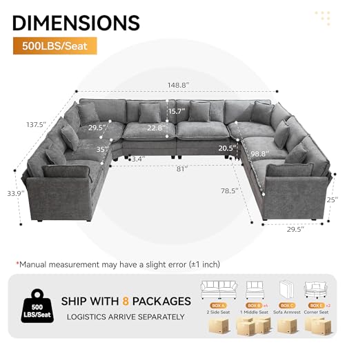 147'' Oversized U Shaped Cloud Sectional Sofa, Chenille Deep Seat Couches for Living Room, Comfy Upholstered Modular Sectional Sofa Couch, Grey - color: Grey, size: 147'' Oversized U Shape