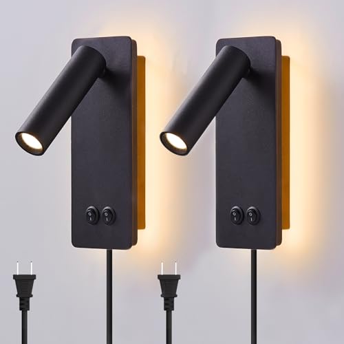 LED wall lamp and reading light two-in-one multifunctional wall sconces. LED Wall Lamp Plug in for Bedroom Bedside Wall Sconces Set of Two Black Reading Light 3W+6W Night Light 3000K(BLACK) - color: Black, size: 2 Pack